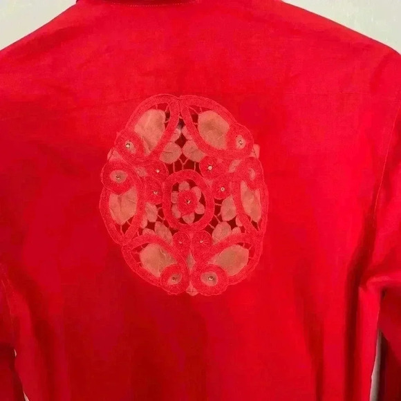 Vintage Ariel's Red Western Long Sleeve Rhinestone Floral Cutout Button Up Small - Picture 6 of 7